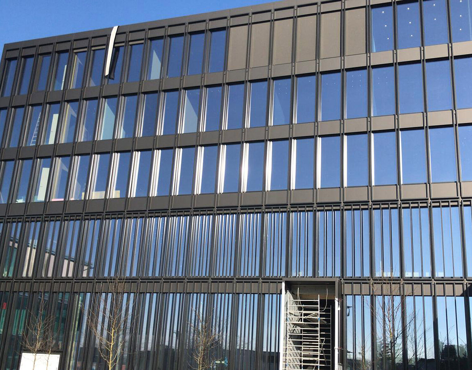 Moderner Glas- und Stahlgebäudefront mit reflektierenden Fenstern unter klarem blauem Himmel.